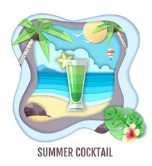 Tropic cocktail on sea beach landscape. Paper cut out art style design