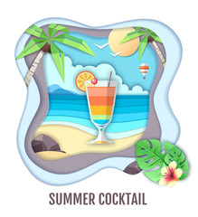 Tropic cocktail on sea beach landscape. Paper cut out art style design