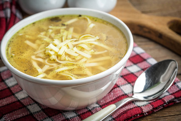 Broth - chicken soup in a bowl.