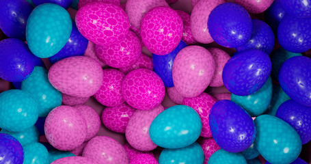 3d rendering. Illustration of easter eggs of blue, blue and pink color. Festive background