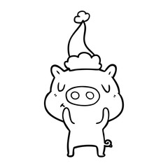 line drawing of a content pig wearing santa hat