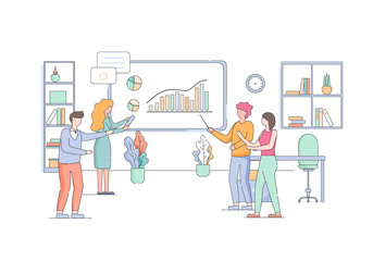 Woman Teach Employees at Board with Growing Graph.