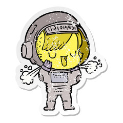 distressed sticker of a cartoon astronaut woman
