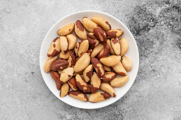 Brazil nuts close up. Breakfast, healthy food. It can be used as a background