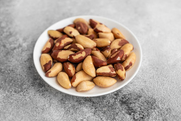 Brazil nuts close up. Breakfast, healthy food. It can be used as a background