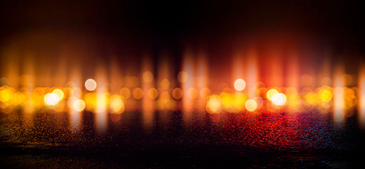 Fototapeta premium Wet asphalt, reflection of neon lights, a searchlight, smoke. Abstract street with smoke, smog. Night background, night city Abstract bokeh light, night bokeh.