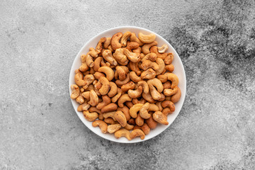Cashew nuts close up. Breakfast, healthy food. It can be used as a background