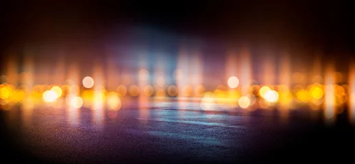 Keuken spatwand met foto Wet asphalt, reflection of neon lights, a searchlight, smoke. Abstract street with smoke, smog. Night background, night city Abstract bokeh light, night bokeh. © MiaStendal