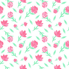 Abstract gentle floral seamless pattern with red-pink hand drawn flowers from simple shapes and leaves on white background. Vintage botanical endless texture. Vector. Textile design