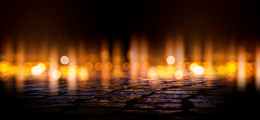 Wet asphalt, reflection of neon lights, a searchlight, smoke. Abstract street with smoke, smog. Night background, night city Abstract bokeh light, night bokeh.