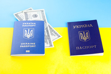 Ukrainian biometric passport and internal passport on background of Ukrainian flag. Passport for traveling abroad and dollars on yellow blue background. Money and documents
