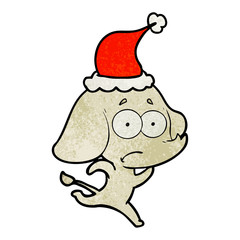 textured cartoon of a unsure elephant running away wearing santa hat