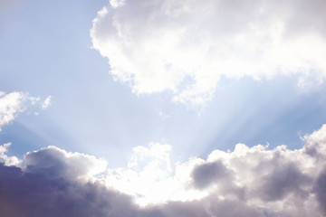 Obraz premium Clear blue sky with cumulus and cirrus clouds. Sunny weather. Joyful mood. High pressure. Clean air ecology. Water in a gaseous state. The source of rain and hail. Weather prediction.Clear blue sky