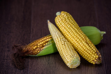Corn cobs on dark wooden background.