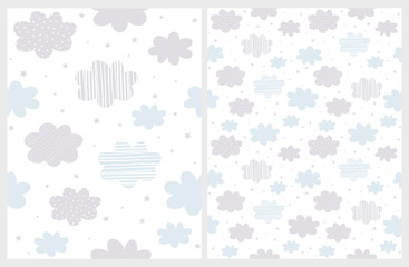 Fluffy Abstract Clouds with Rain of Star Shape Isolated on a White Background. Cute Baby Shower Vector Illustartion. Blue and Gray Clouds with Dots and Stripes Pattern. Gray Stars Among Clouds.