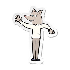 sticker of a cartoon waving wolf man