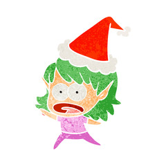retro cartoon of a shocked elf girl wearing santa hat