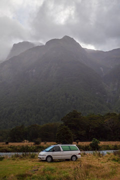 Tourist Car At Milford Sound, South Island Of New Zealand 2