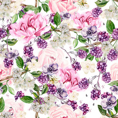 Beautiful watercolor spring pattern with blackberry and flowers anemone, peony. 