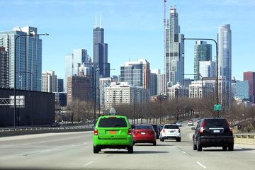 Downtown Chicago's skyline from driving on Lake Shore Drive