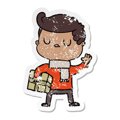 distressed sticker of a cartoon aloof man