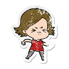 distressed sticker of a cartoon angry girl