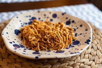 homemade spaghetti bolognese, traditional pasta dish with meat and vegetables