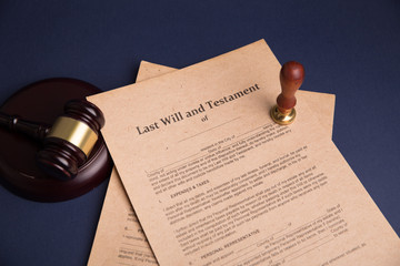 Notary's public pen and stamp on testament and last will. Notary public tools