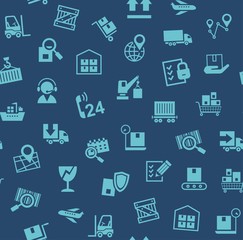 Cargo delivery, seamless pattern, dark blue, color, vector. Cargo transportation and delivery of goods. Blue icons on a dark blue background. Vector flat seamless pattern. 