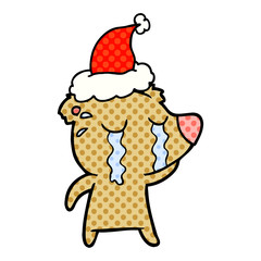 comic book style illustration of a crying bear wearing santa hat