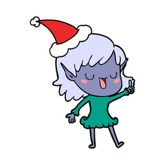 line drawing of a elf girl wearing santa hat