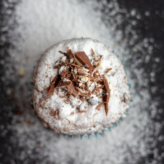 chocolate muffin decorated with chocolate pieces and powdered sugar. top view. dark background.  close up image. square format