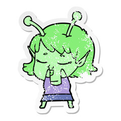 distressed sticker of a cute alien girl cartoon