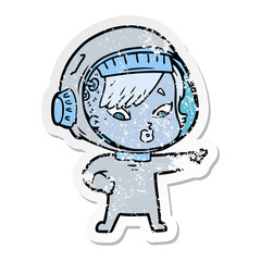distressed sticker of a cartoon astronaut woman