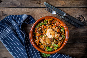 Fried chicken fillet with vegetables.