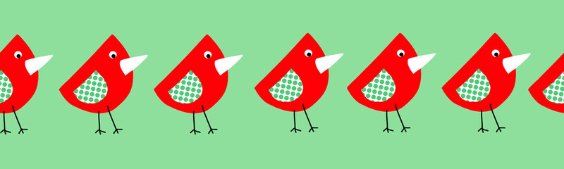 Cute birds seamless border for kids. Collage style childish repeating elements for children red green and white. Use for fabric, ribbon, kids decor, wallpaper, nursery, card design, Easter, spring 