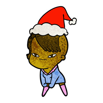 cute textured cartoon of a girl with hipster haircut wearing santa hat