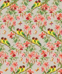 Parrots and flowering branch of orchids. Seamless background pattern version 4