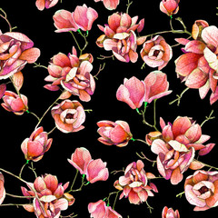Obraz na płótnie Canvas Watercolor botanical seamless pattern with magnolia.