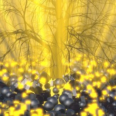 Lonely tree without leaves in fog or mist lit by bright orange sun god rays in space surrounded by black spheres, boxes and bright light glowing cubes. Conceptual 3d illustration. Travel and camping