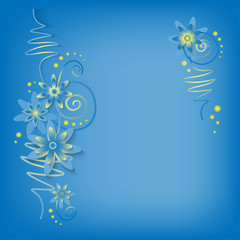 Fototapeta na wymiar Square background frame with paper cut flowers in blue and yellow colors. Place for text. Decorative elements for festive design. Vector illustration