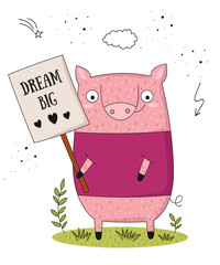 Vector poster with cartoon funny pig with a transparency with the spring slogan
