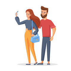 Lover couple make selfie photo with smartphone. Self portrait with mobile device in hand. Flat Cartoon male and female character design. Vector illustration