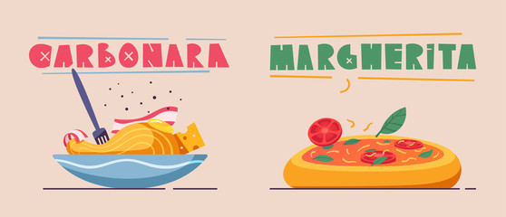 Italian food. Delicious pasta. Cartoon vector illustration.