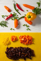 Dried and chopped yellow plums. Chopped yellow peppers and carrots. Yellow chopping board and red knife. Green pepper, red hot pepper. Dill, peas and parsley with wood pattern over white background