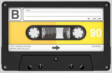 3d illustration of a black audio cassette with sticker and label