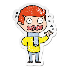 distressed sticker of a cartoon man totally stressed out