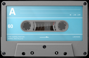 3d illustration of a grey audio cassette with sticker and label