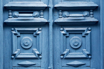 Blue wooden antique doors, close-up
