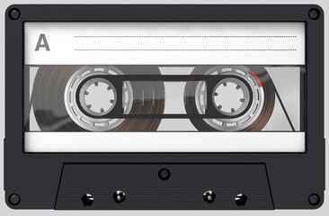 3d illustration of a black and transparent audio cassette with sticker and label